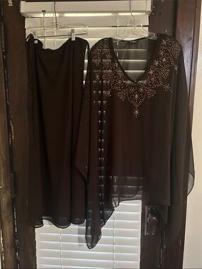 MSK Brown Chiffon Beaded Tunic and Skirt Set